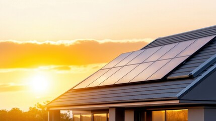 Modern Home With Solar Panels At Vibrant Sunset View