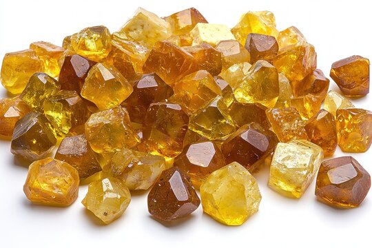 Pile of Shiny Golden Imperial Topaz Gemstones Displaying Rich Golden and Amber Hues on a White Surface