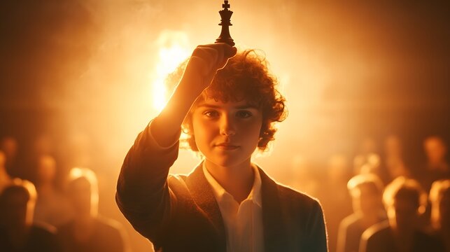 The Checkmate: A strategic move of the chess piece held aloft by a focused chess player in a cinematic and engaging scene, radiating determination and strategic prowess.