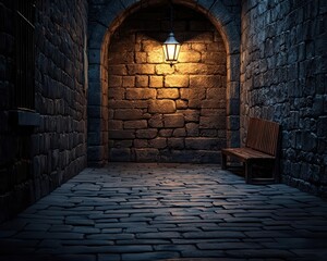 Dark urban environment with an illuminated ancient structure, blending historical majesty with modern mystery