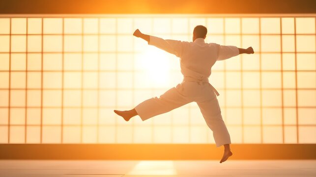 Martial Art Technique: The artful silhouette of a martial artist, poised mid-air, embodies grace and power, set against a backdrop of traditional architecture and warm sunlight.