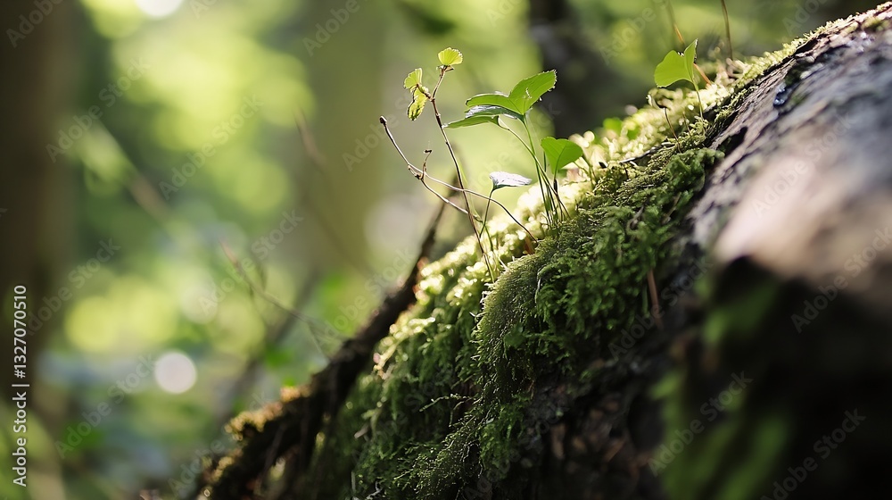 Poster close up of vibrant green moss and small plants thriving on a log in a lush forest environment : gen