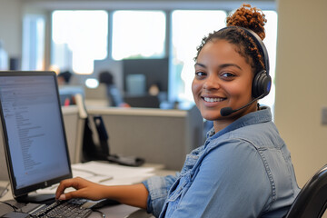 Trabajador en un call center recibe una llamada telefónica