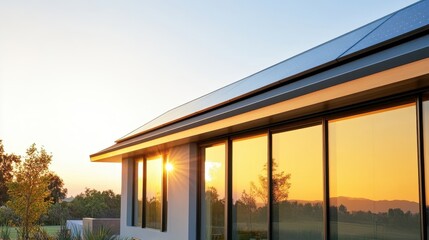 Fototapeta premium Modern Glass House With Solar Panels In Sunlight