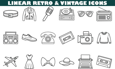 Fototapeta premium Linear Retro Vintage Icons Fashion, Music, and Technology