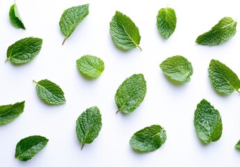 Fresh Green Mint Leaves on White Background