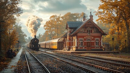 Fototapeta premium Steam Train Arriving at Rustic Autumnal Train Station Scenic Fall Railway Landscape
