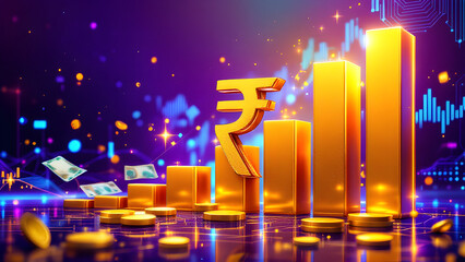 Indian Rupee Growth Concept: Rising Financial Graph with Rupee Symbol and Stacked Coins - Economic and Stock Market Investment Visualization