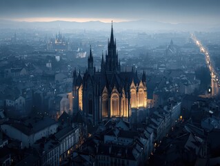 Obraz premium Towering gothicstyle cathedral amidst a dark city skyline, its glowing stainedglass windows radiating majesty