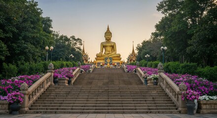 Fototapeta premium Majestic Buddha statue sitting on a staircase surrounded by vibrant flowers during Buddha's Birthday 