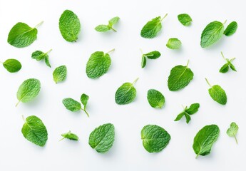 Fresh Green Mint Leaves on White Background Flatlay