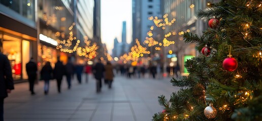 Fototapeta premium Christmas tree on city street with blurred shoppers and lights.
