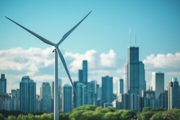 Fototapeta premium Wind Turbine with Chicago Skyline in the Background, Symbolizing Green Energy and Sustainability. Modern Renewable Power in Urban Landscape
