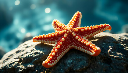A beautiful starfish rests on top of a rugged textured rock