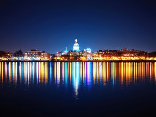 Majestic riverfront cityscape at night, lights shimmering on the water, breathtaking and grand view