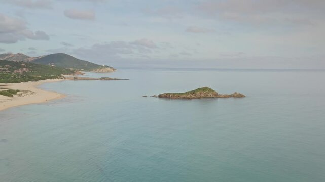 Aerial view of Spiaggia Su Giudeu with calm sea and picturesque coastline, Domus de Maria, Sardinia, Italy.