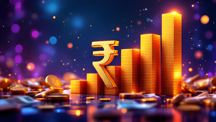 Indian Rupee Growth Concept: Rising Financial Graph with Rupee Symbol and Stacked Coins - Economic and Stock Market Investment Visualization