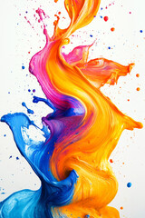 Vibrant oil paint splash creating tornado effect with swirling colors of blue, orange, pink, and yellow, showcasing dynamic movement and artistic expression