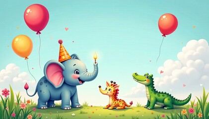 Naklejka premium A cheerful cartoon scene featuring an elephant, giraffe, and crocodile celebrating.