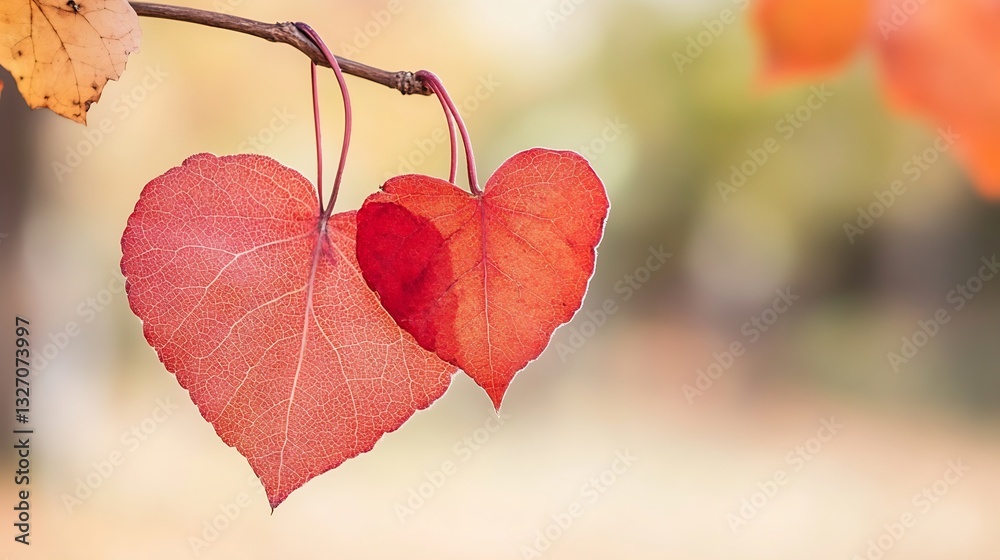 Poster two heart shaped autumn leaves on a nature background brilliantly displaying love and connection : g