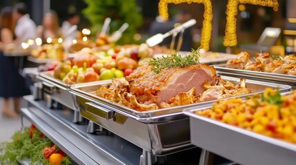 Rustic buffet style catering event with trays of slow cooked dishes