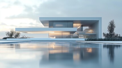 Fototapeta premium Modern Minimalist House Design Reflecting on a Calm Pool