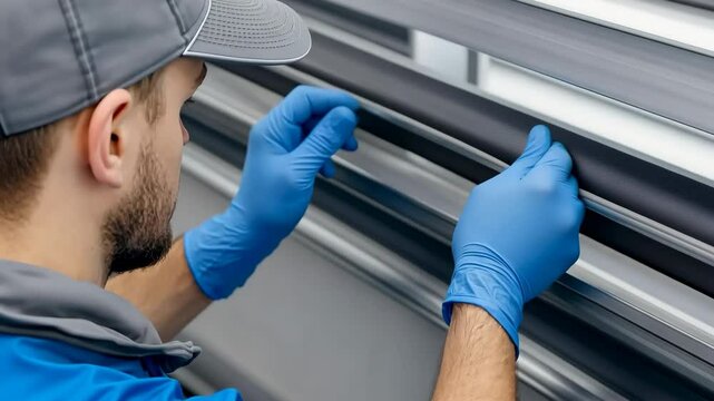 Motorized jalousie or blinds Measuring. Workman fixing, adjusting new plastic PVC window with white metal frame installing at modern house. Advertising. Typical installation of roller system on window