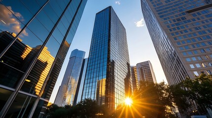 Fototapeta premium Stunning Reflection of Modern Skyscrapers at Sunset in an Urban Environment : Generative AI