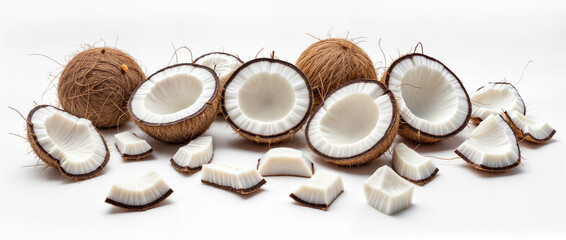 Fototapeta premium Multiple whole, halved, and sliced coconuts with white flesh on a white background