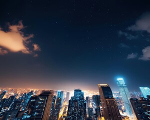 Fototapeta premium Rooftop view of a majestic city at midnight, glowing skyscrapers stretching endlessly, cinematic grandeur