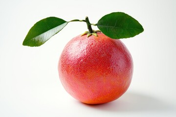 Close Up of a Ripe Red Grapefruit with Green Leaves Fresh Natural Still Life on a White Background Studio Shot