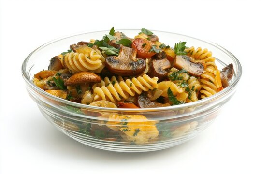 Spiralli pasta salad with mushrooms parsley and a clear glass bowl centered on white background