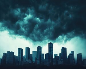 Fototapeta premium Highrise buildings reaching into a stormy night, dramatic lighting and towering presence, powerful urban scene