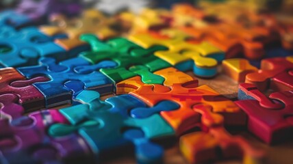 Abstract jigsaw game piece in complex pattern. Mysterious shape puzzle surface connecting in colorful color. Mystery and complexity of solve problem with smart solution or think strategy idea. AIG53.