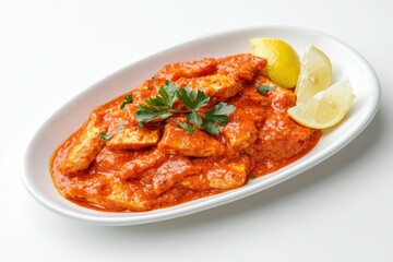 Fototapeta premium Delicious paneer butter masala in a white dish with lemon garnish and parsley on white background