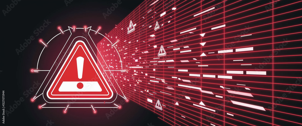 Poster red warning triangle icon on dark background, glowing lines creating a digital tunnel effect, symbol