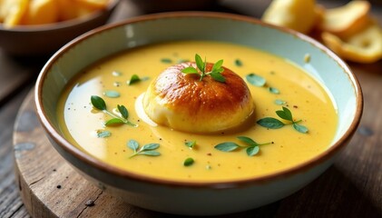 A delicious creamy soup in a rustic bowl garnished with fresh herbs and spices.