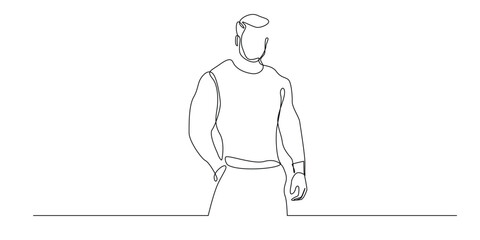one continuous line drawing of a muscular man.one line drawing of a man standing, muscular and healthy wearing a t-shirt.single line vector illustration.isolated on white background