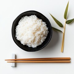 Steaming Bowl of Rice: A close-up shot of a bowl filled with perfectly cooked rice, a staple food in many cultures, ready to be enjoyed with chopsticks.