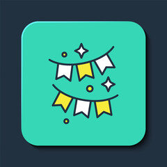 Filled outline Carnival garland with flags icon isolated on blue background. Party pennants for birthday celebration, festival and fair decoration. Turquoise square button. Vector