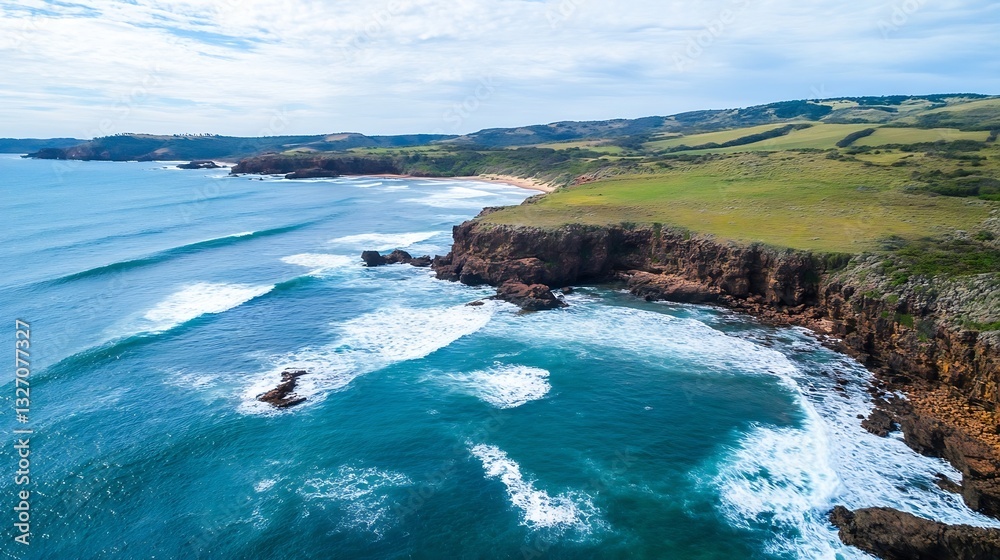 Poster stunning aerial view of a coastline with rocky cliffs and rolling waves under a bright cloudy sky : 