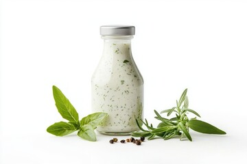 Refreshing creamy ranch dressing in glass bottle with fresh herb on clean white setting healthy food
