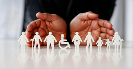 Hands protecting a diverse array of figurines representing people of different ages and abilities. Concept of inclusion and social protection.