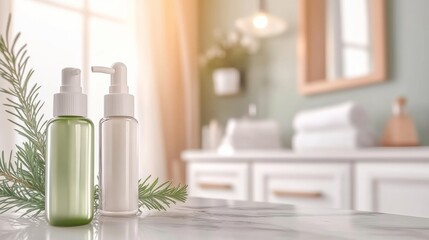 Peaceful spa inspired scene with natural cosmetic bottles