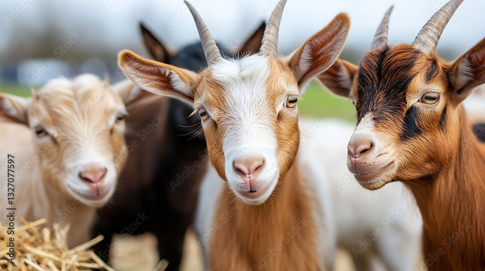 Poster three adorable goats with striking features and expressive faces grazing peacefully in a lush green 