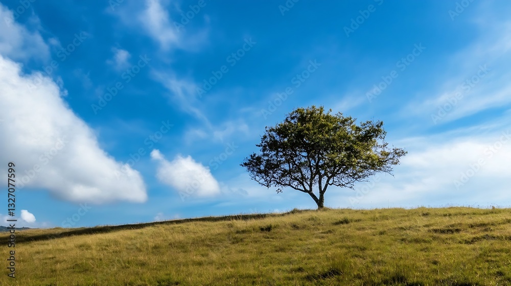 Poster lone tree on a grassy hill under a bright blue sky with fluffy clouds creating a peaceful landscape 