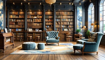 a cozy study with a blue armchair and wooden floor.