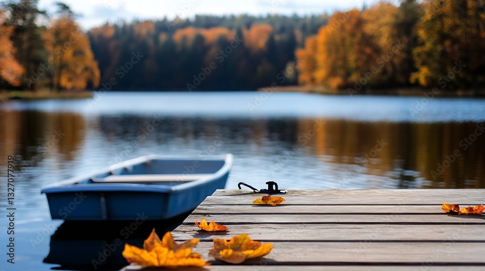 Poster Autumn Leaves on a Dock with a Calm Lake and a Small Boat in Tranquil Nature Setting : Generative AI