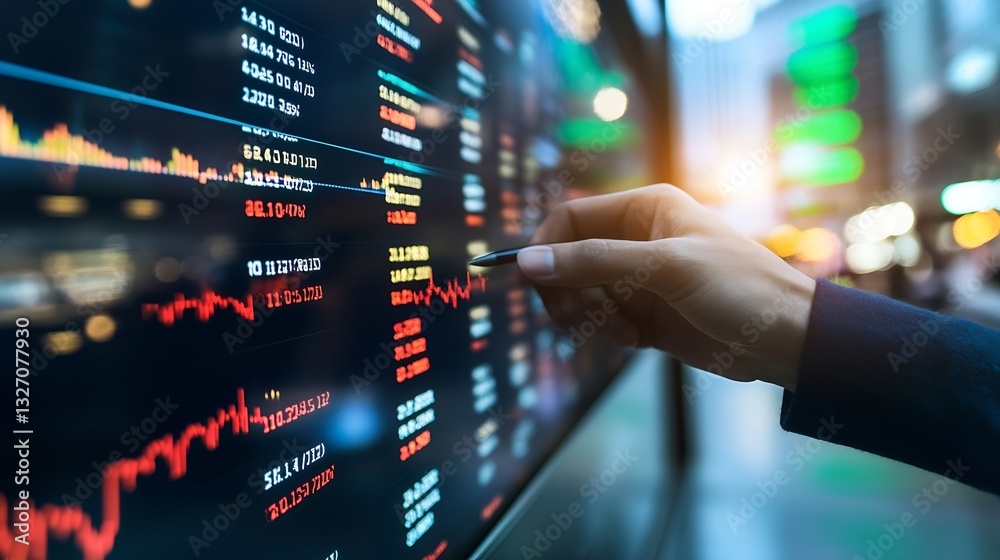 Poster financial analyst working with stock market data on a digital board in a busy urban area : generativ