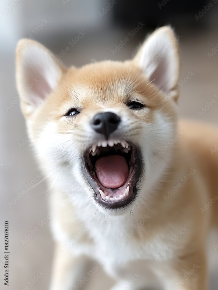 Poster excited shiba inu dog showing teeth and barking with joy in a close up photo : generative ai